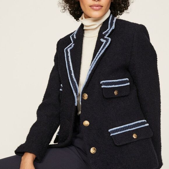 Sandro Noella Navy Tweed Blazer Sz 36 US Sz 4 Braid Trimmed Lined - Picture 10 of 13